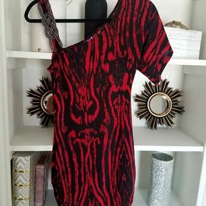 Red and Black one shoulder bodyCon Dress